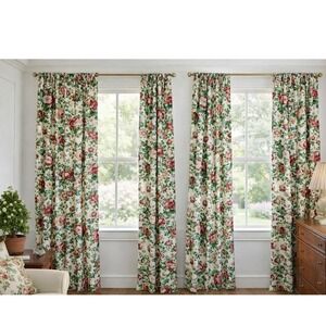Longaberger Pair 100% Cotton Chintz Rose Garden Design Curtains 4 Panels 42"x86"
